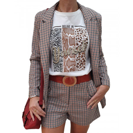 Veste blazer à carreaux camel brique et noir