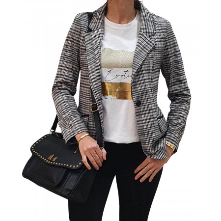 Veste blazer à carreaux beige marron et noir avec liseré argenté