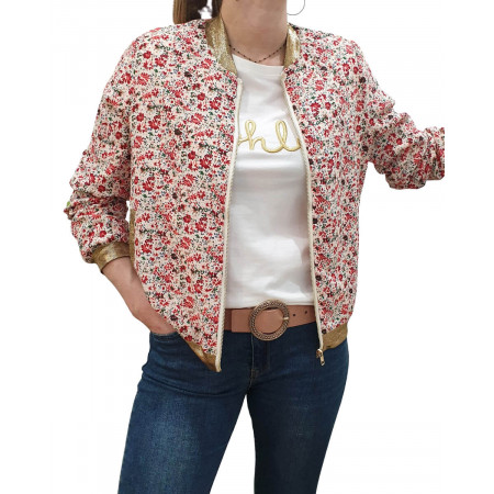 Bombers femme grande taille blanc petites fleurs rouges cerises et vertes
