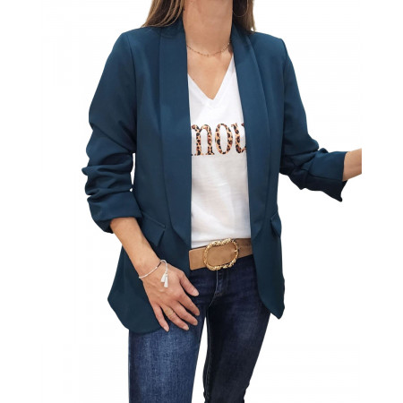 Blazer manches plissées bleu canard