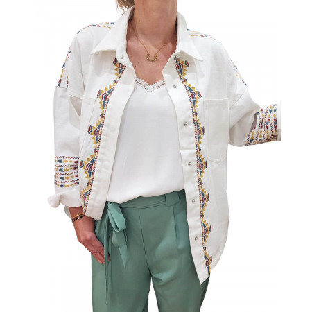 Veste en jean fluide écrue motifs ethniques