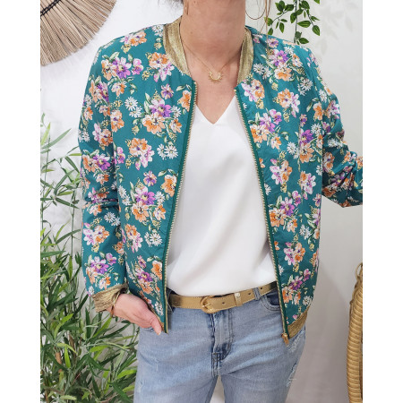 Bombers femme vert fleurs oranges et roses Adèle