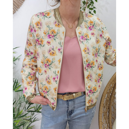 Bombers femme écru fleurs jaunes et roses Adèle