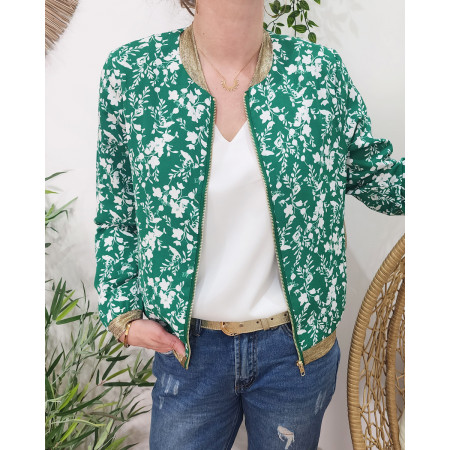 Bombers femme vert fleurs blanches Anaelle