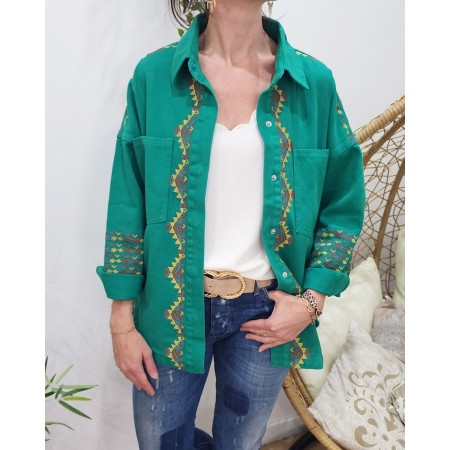 Veste en jean fluide verte motifs ethniques