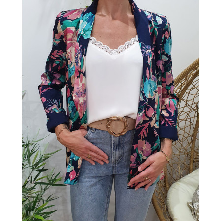 Blazer femme bleu marine fleurs roses et vertes Blandine