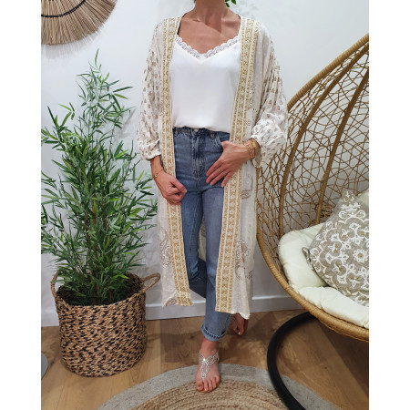 Kimono femme écru broderies dorées