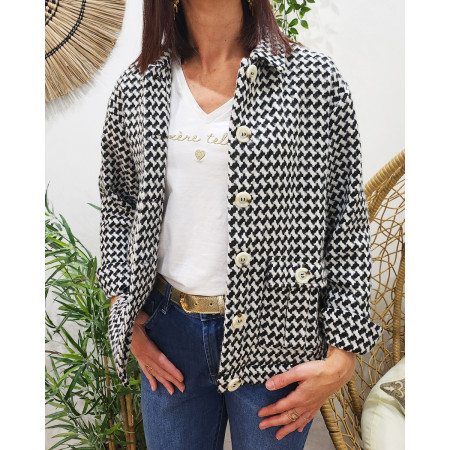 Veste femme droite à poches et boutons pied de poule
