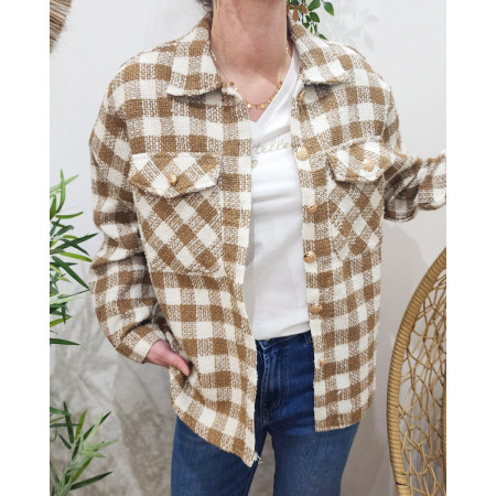 Veste femme à carreaux camel et blanc