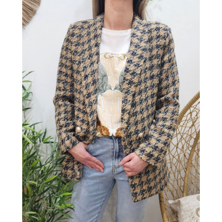 Veste blazer femme boutonnée pied de poule camel noir blanc liseré argent