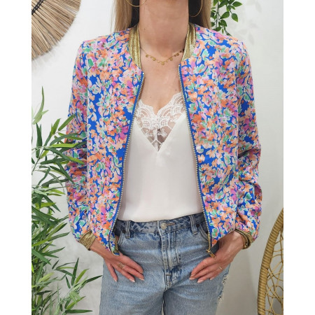 Bombers femme bleu fleuri multicolore Lilie