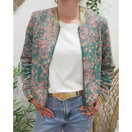 Bombers femme vert fleurs roses dorées Servade