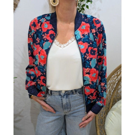 Bombers femme marine fleuri rose et bleu Taliah
