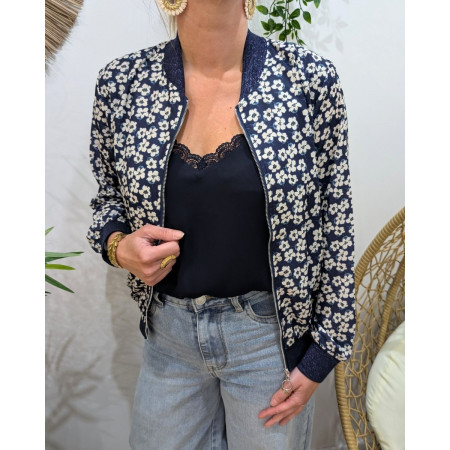 Bombers femme marine fleurs blanches Soléa