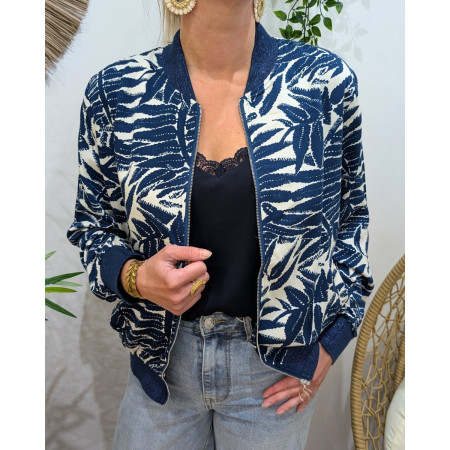 Bombers femme écru feuillages marine