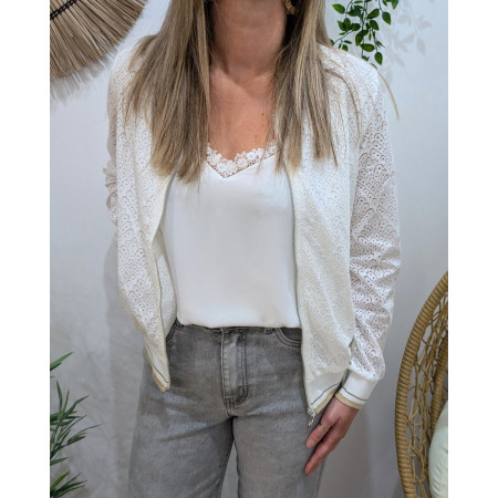 Bombers femme dentelle écru fermeture argentée