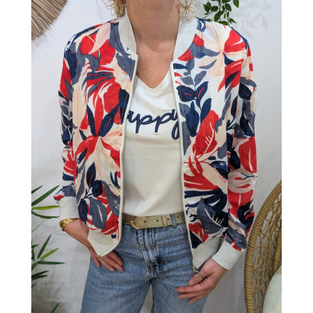Bombers femme blanc feuillages marines et rouges