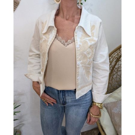 Veste femme écrue broderies beiges Ilyana