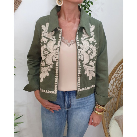 Veste femme kaki broderies beiges Ilyana