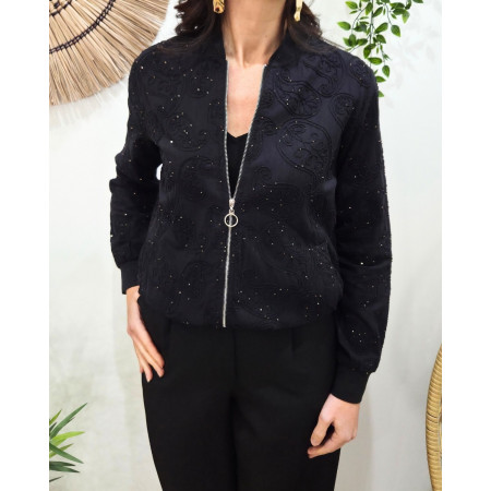Bombers femme noir broderies cachemires et sequins dorés