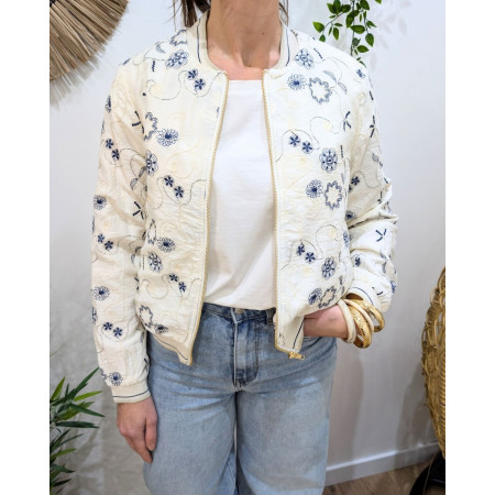 Bombers femme beige fleurs brodées bleu marine Ysoriah