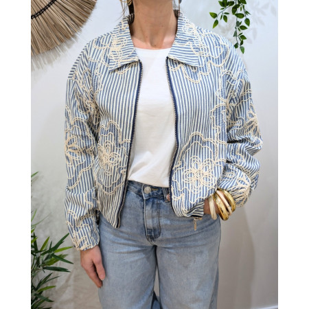 Bombers femme rayé à broderies beige et bleu jean Adélija