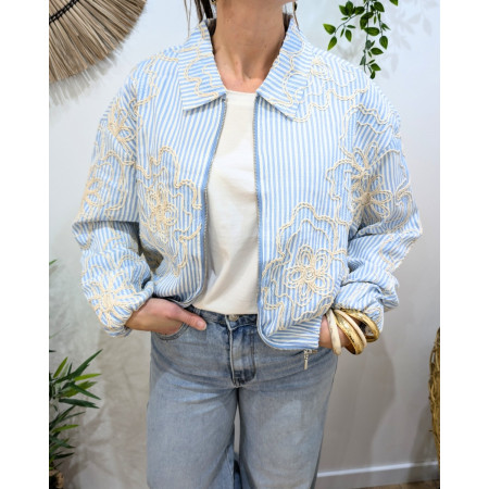 Bombers femme rayé à broderies beige et bleu ciel Adélija