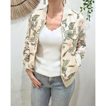 Bombers femme beige à motifs fleuris verts Marcella