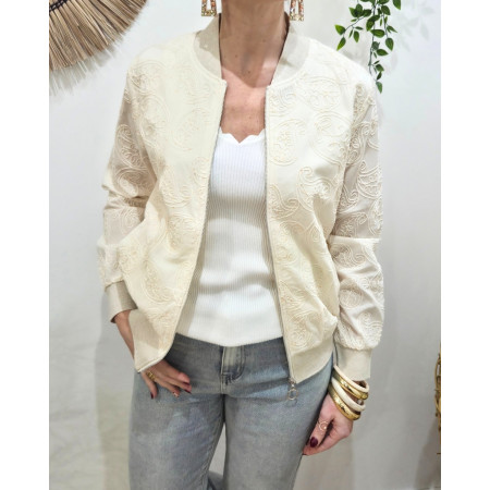 Bombers femme beige broderies cachemires et sequins dorés