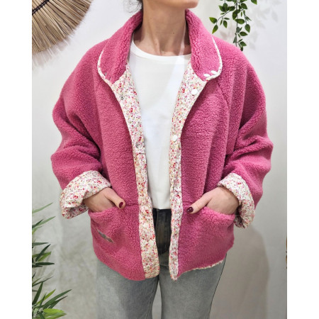 Veste femme à pressions imitation mouton réversible - rose floral