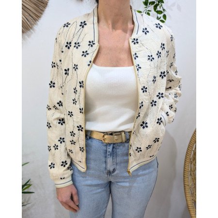 Bombers femme beige fleurs brodées marine Fiorella