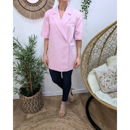 Blazer long femme manches courtes avec fentes sur les côtés rose 