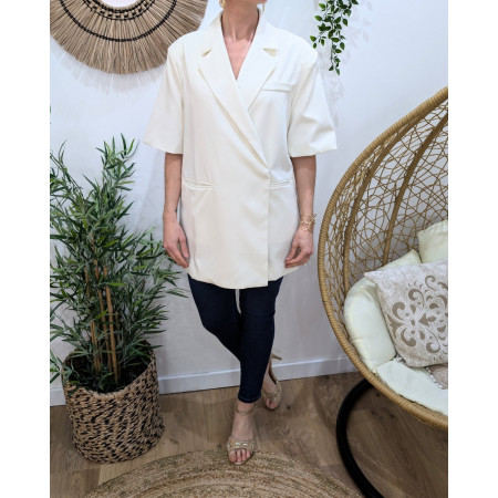 Blazer long femme manches courtes avec fentes sur les côtés écru 