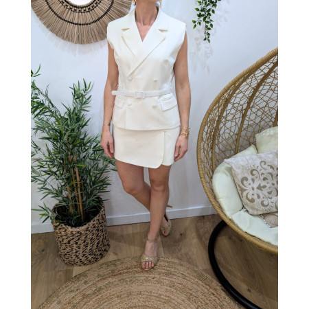 Blazer court femme sans manches avec ceinture écru