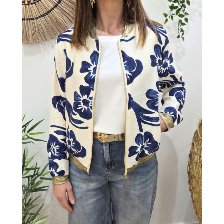 Bombers femme écru fleurs bleues Ludovica