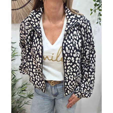 Veste femme à capuche léopard noire et beige